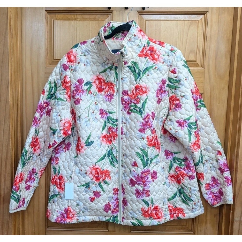 Lands' End Women's 2X Jacket Coat Quilted Full Zip Floral Long Sleeves Collar